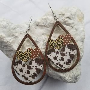 Wooden Leopard Cow Print Heart Trio Teardrop Earrings